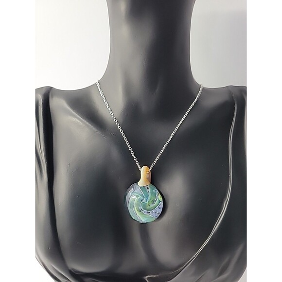 Vintage Handcrafted Art Glass Pendant Necklace Swirl Design in Blue Green Aqua - Picture 6 of 14